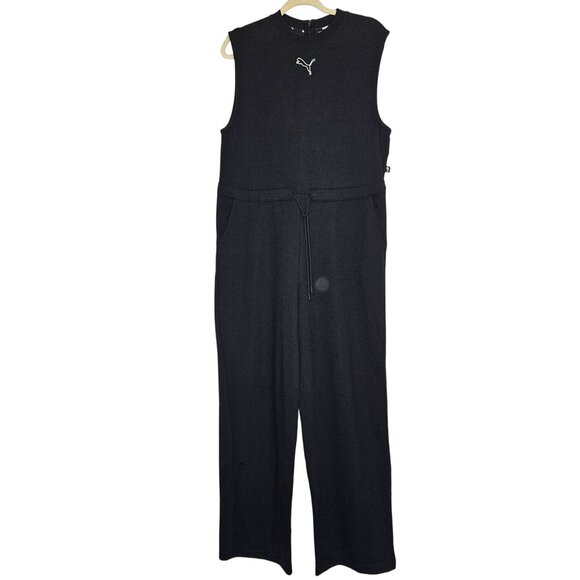 Puma NWOT Sleevelss Black White Jumpsuit Drawsting Waist  pockets Women's Size M - Picture 1 of 15